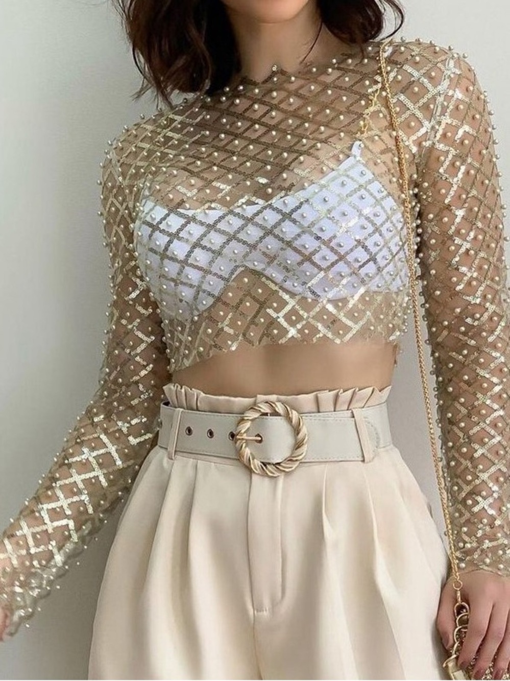 French Kiss Cream Sequin Mesh Long-Sleeve Crop Top